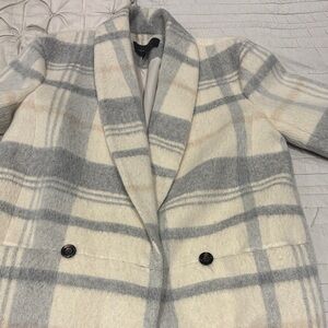 Ann Taylor Ivory, tan and Gray Plaid Double-Breasted Coat